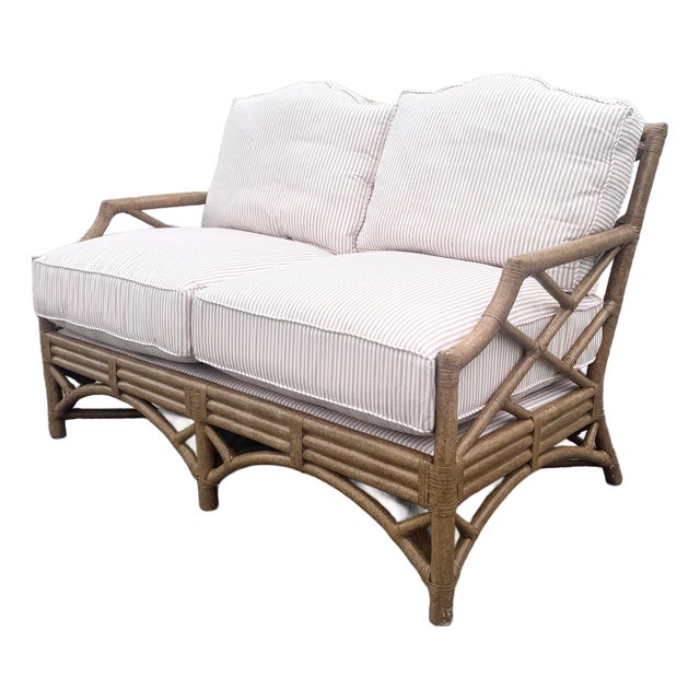 Boho Chic Rattan Chippendale Style Love Seat by David Francis For Sale