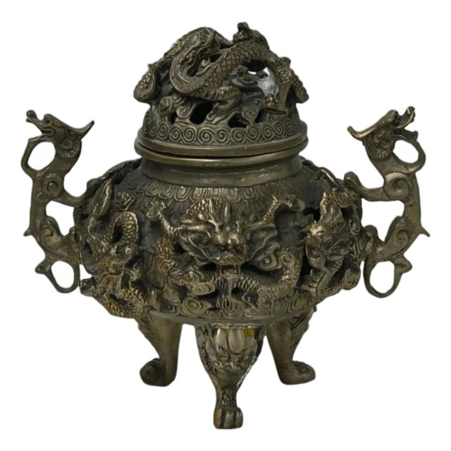 Vintage Bronze Color Metal Dragons Tri Legs Ding Incense Burner Art For Sale