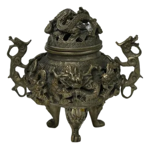 Vintage Bronze Color Metal Dragons Tri Legs Ding Incense Burner Art