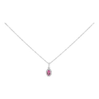 10K White Gold 5x3mm Pink Tourmaline and Diamond Accent Halo Oval Shape 18" Pendant Necklace (I-J Color, I1-I2 Clarity) For Sale