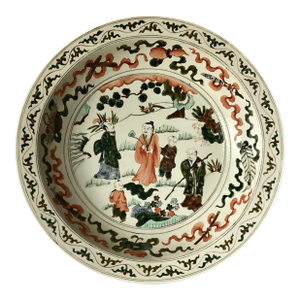 Antique Chinese Wucai Porcelain Bowl – Large 15” Diameter, Hand-Painted Figures & Floral Border