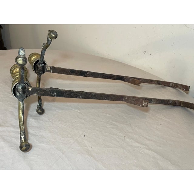 Pair of Turned 18th Century Peened Brass Wrought Iron Georgian Andirons 1700's For Sale - Image 11 of 15
