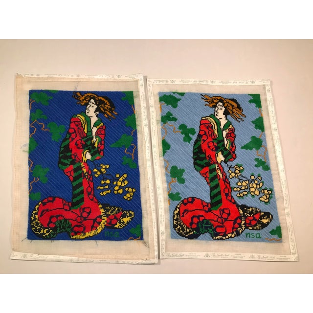 Royal Blue Hand-Stitched Needlepoint of Asian Ladies - a Pair For Sale - Image 8 of 8