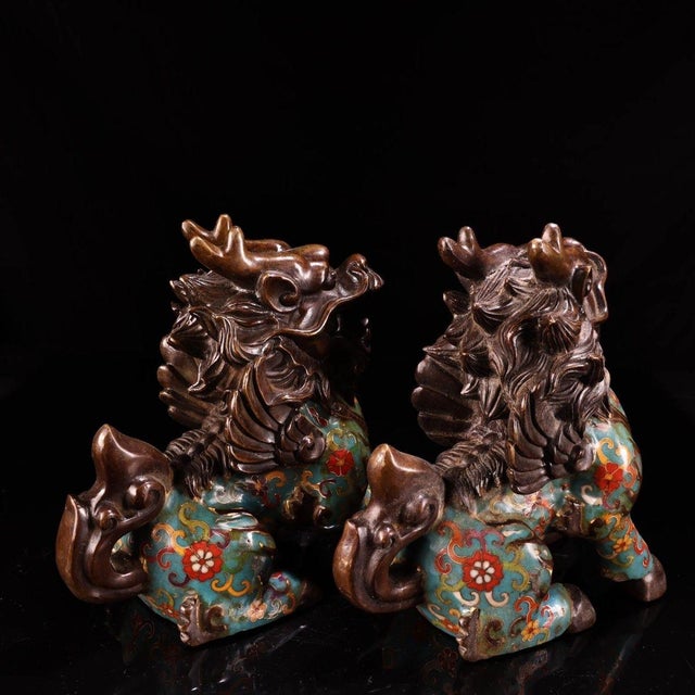 Traditional Pair of Gilt Cloisonne Enamel Qilin Figures – 7.9" Mythical Beast Statues For Sale - Image 3 of 10