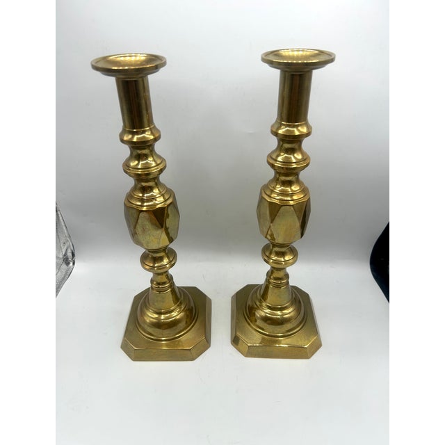 Brass Antique English Brass "Ace of Diamonds" Diamond Jubilee Candlesticks, Pair, C. 1887 For Sale - Image 8 of 12