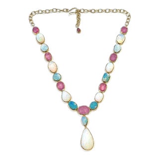 Bochic “Capri” Vintage Ruby & Blue, White Opal Necklace Set In 18K Gold & Silver For Sale