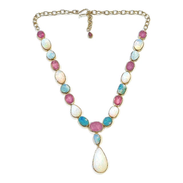 Bochic “Capri” Vintage Ruby & Blue, White Opal Necklace Set In 18K Gold & Silver For Sale