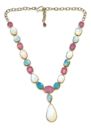 Bochic “Capri” Vintage Ruby & Blue, White Opal Necklace Set In 18K Gold & Silver