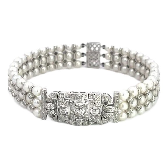 Diamond Pearls 18k Estate White Gold Center Motif Triple Row Bracelet For Sale
