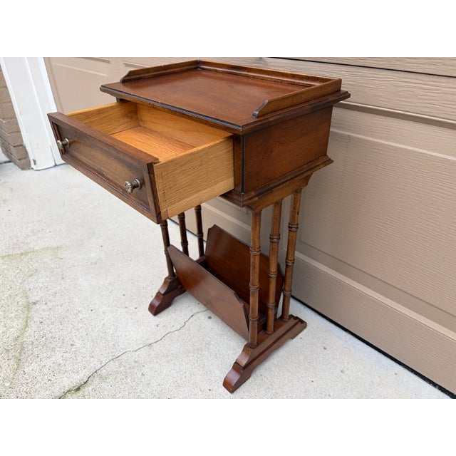 Mid-20th Century Brandt Walnut Faux Bamboo Side Table With Drawer & Magazine Rack For Sale - Image 12 of 17