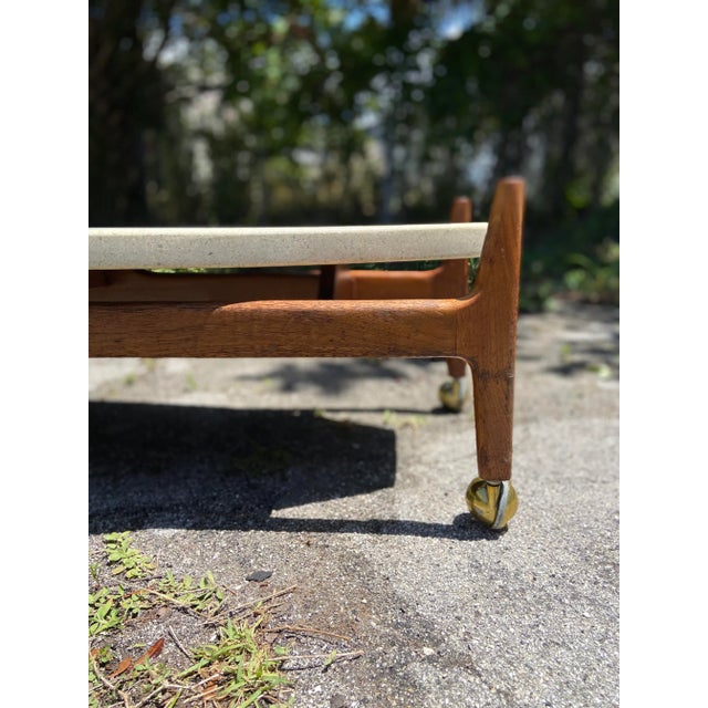 Mid-Century Modern Mid Century Modern Surfboard Coffee Table in Terrazzo Marble and Travertine + Wood | in the Style of Harvey Probber For Sale - Image 3 of 11