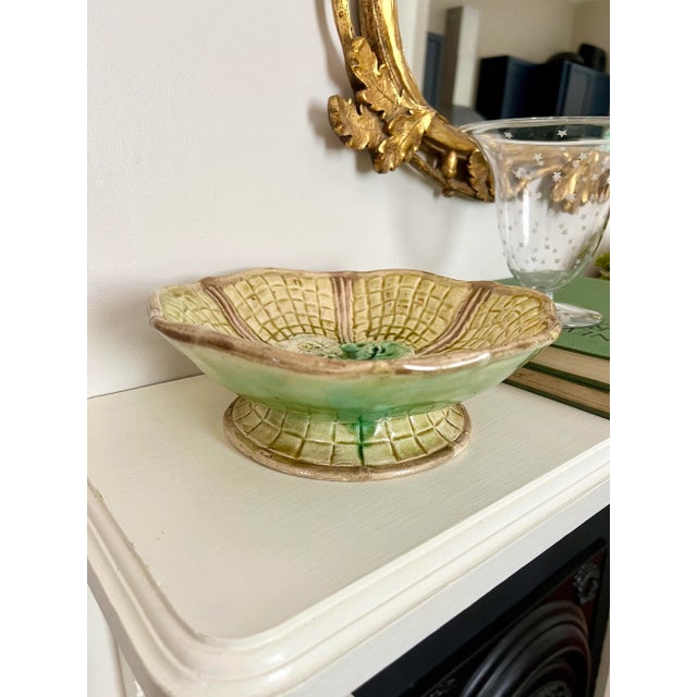 Art Nouveau Vintage Majolica Lily Pad Footed Bowl For Sale - Image 3 of 5