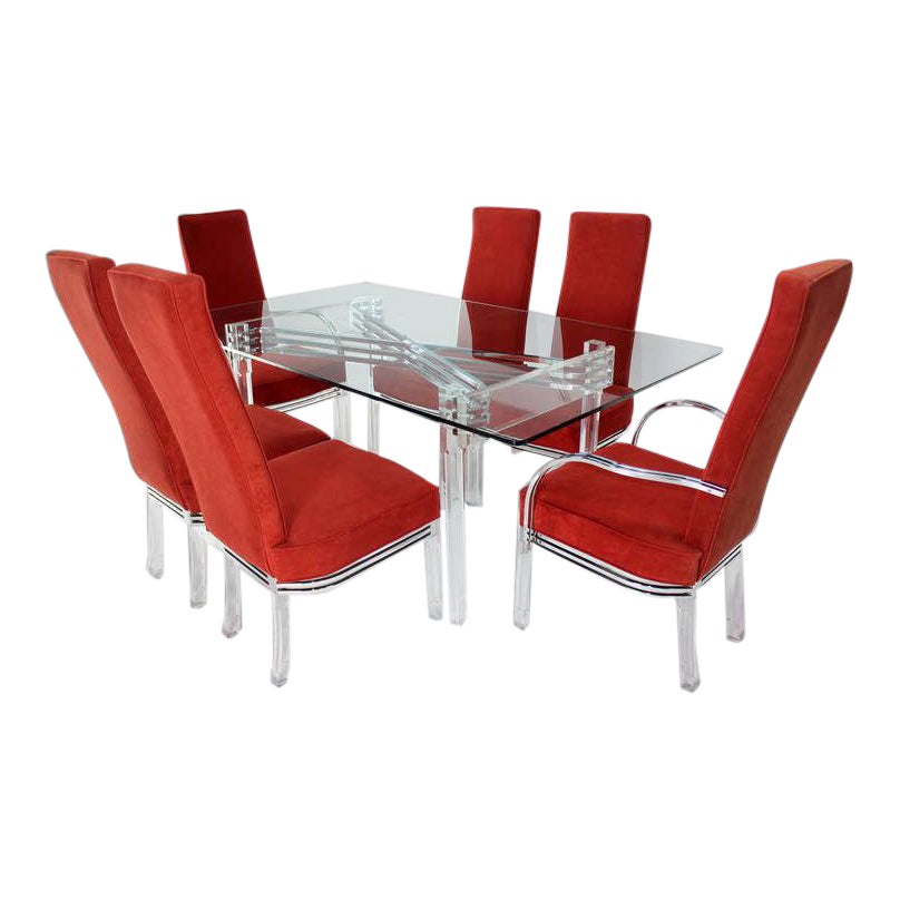 1960s Mid Century Modern Lucite And Red Upholstered Dining Set 7