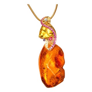 Late 20th Century 14K Gold Amber Citrine Lemon Quartz Pink Sapphire Diamond Pendant Necklace For Sale