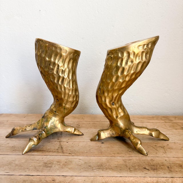 Metal Pair of Midcentury Brass Talon Candlestick Holders For Sale - Image 7 of 12