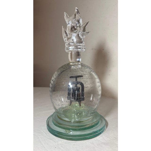 Metal Vintage Tim Tate Original Wine Press Flame Engraved Glass Modernist Sculpture For Sale - Image 7 of 12