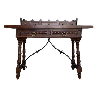 Catalan Spanish Lady Desk or Console Tablein Carved Walnut and Iron Stretcher For Sale