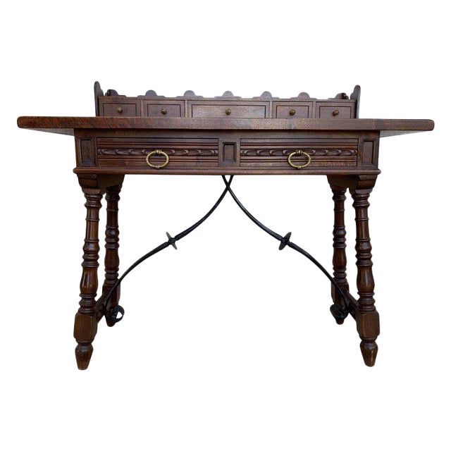 Catalan Spanish Lady Desk or Console Tablein Carved Walnut and Iron Stretcher For Sale