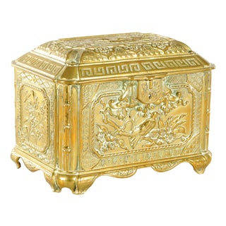 19th Century British Cast Brass Table Casket With Chinoiserie Decorated Panels For Sale