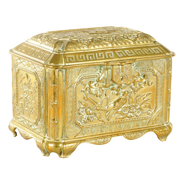 19th Century British Cast Brass Table Casket With Chinoiserie Decorated Panels For Sale