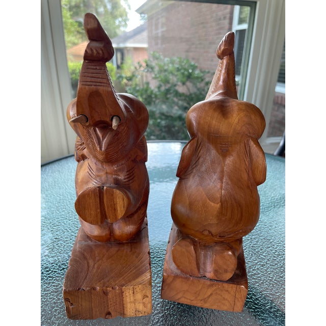 Chestnut Wood Carved Mid Century Elephant Book Ends For Sale - Image 8 of 8