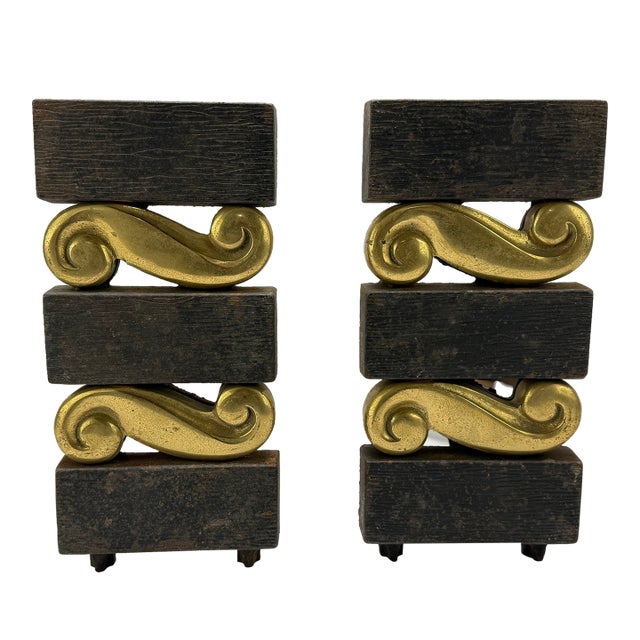 Pr, Donald Deskey for Bennett Textured Bronze and Brass Andirons C. 1950s For Sale