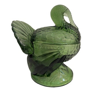 Vintage Le Smith Green Pressed Glass Turkey Dish With Lid For Sale