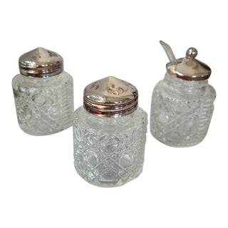 Vintage Patterned Glass and Silver-Plated Condiment Set With Lucite Spoon For Sale