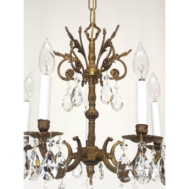 Antique 5 Light Adorable Dainty Petite Brass Cut Lead Glass Crystal Chandelier For Sale In South Bend - Image 6 of 12