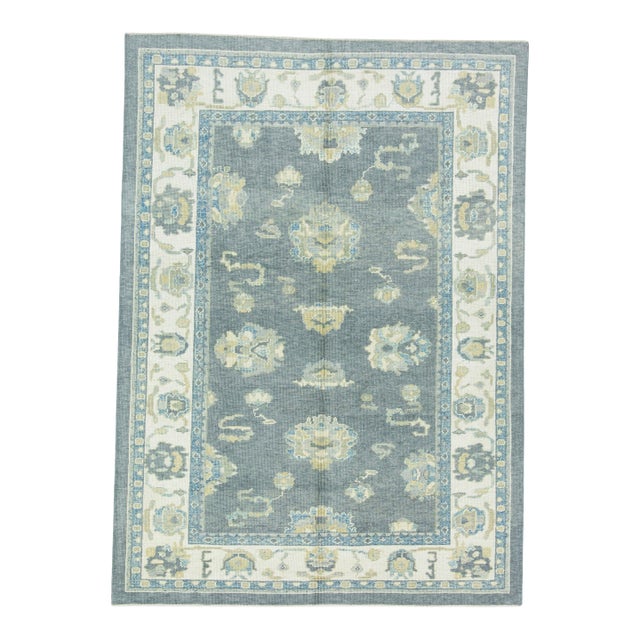 Gray & Blue Turkish Oushak Rug 6'1" x 8'6" For Sale