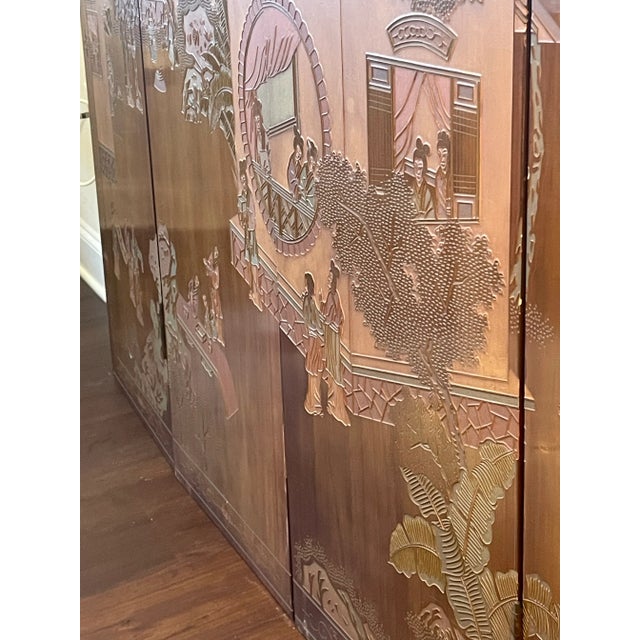Early 20th Century Four Panel Wood Chinese Asian Coromandel Screen or Wall Art With Etched Landscape Scene For Sale In Atlanta - Image 6 of 11