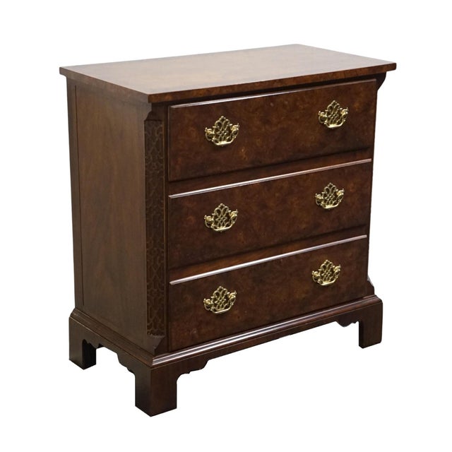 Baker Furniture Company Late 20th Century Baker Furniture Solid Burled Walnut Traditional Chippendale Style 30" Three Drawer Nightstand For Sale - Image 4 of 12