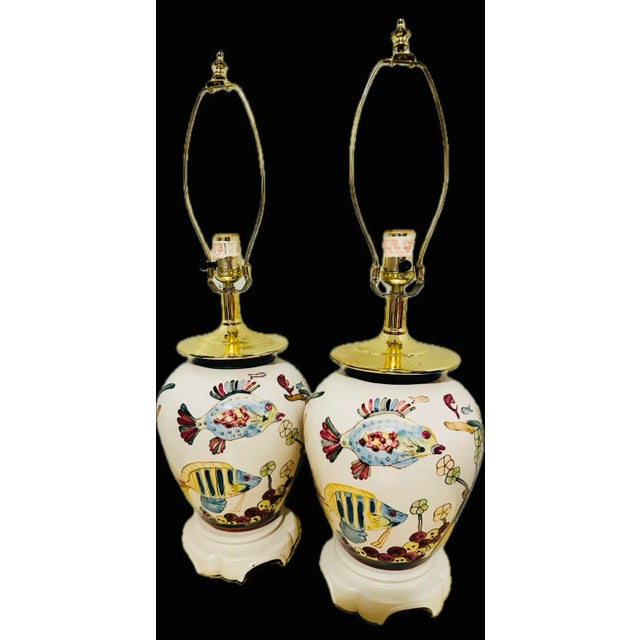 Rustic European Vintage Hand Painted Coastal Fish Lamps - A Pair For Sale - Image 3 of 8