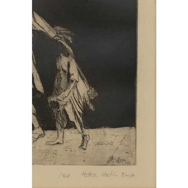 An aquatint etching titled "Exodus" by artist Peter Wirth. Hand signed in pencil and dated 1964 with an annotation of 3/12...