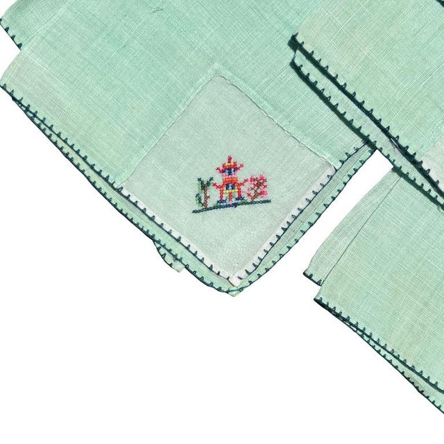 Chinoiserie Mint Green Square Embroidered Pagoda Motif Cloth Dinner Napkins - 5 For Sale - Image 4 of 6