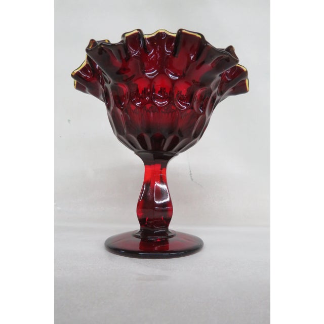 Fenton Thumbprint Compote Ruby Red Yellow Crest Double Crimped Rim For Sale - Image 9 of 12