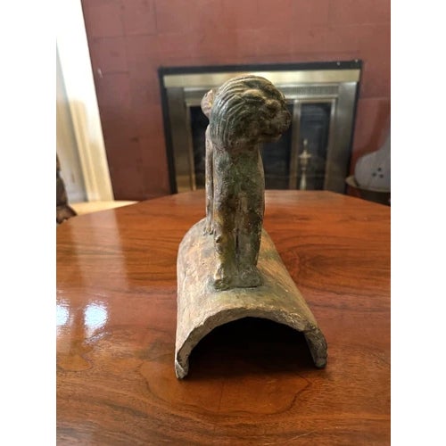 Antique Chinese Terra Cotta Animal Roof Tile on Curved Base. Primitive and rough hewn as shown. Please review photos for...