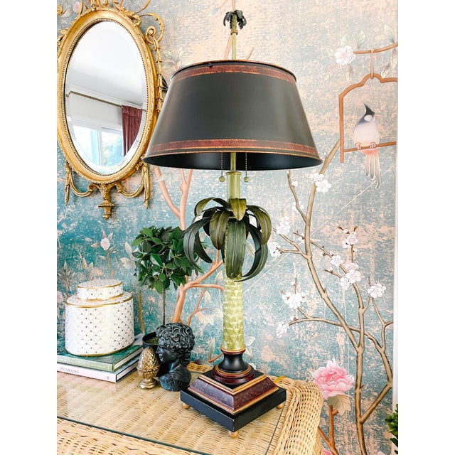 1980s Large Tole Palm Tree Table Lamp With Original Tole Shade by Decorative Crafts For Sale - Image 12 of 12