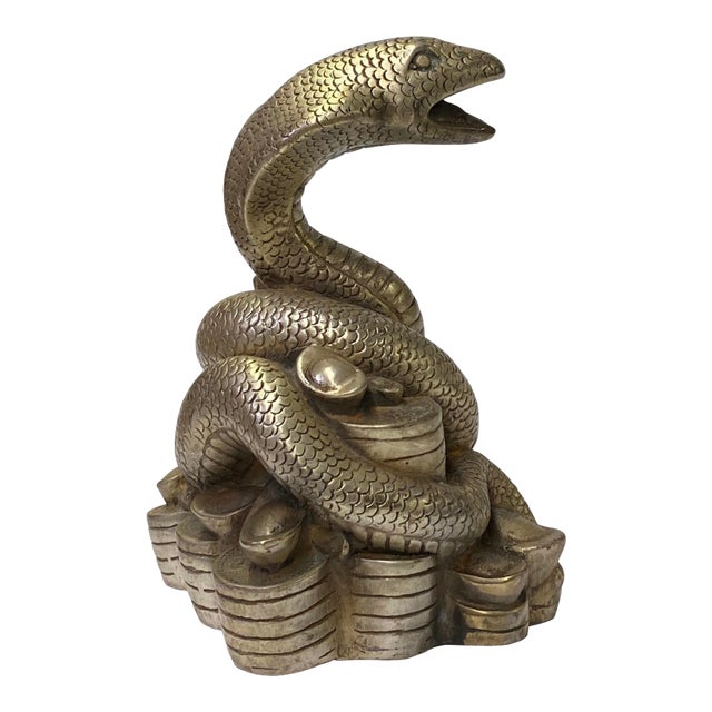 Chinese Oriental Silver Pewter Color Metal Fengshui Snake Ingot Figure For Sale