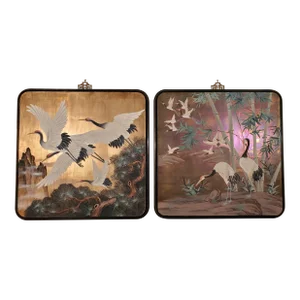 20th Century Japanese Two Wood Panel Paintings of Cranes at Sunrise and Sunset Over Gold and Copper Leaf