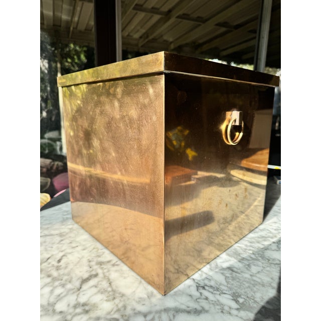 This extra large solid brass jardinière or cachepot planter was constructed in an elegant architectural square form with...