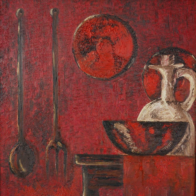 Red 20th Century Vintage Primitive Still Life – Oil on Board For Sale - Image 8 of 11