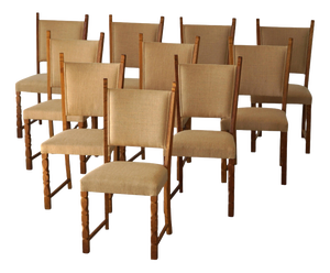 Danish Modern Dining Chairs in Oak and Hessian by Henning Kjærnulf, 1950s, Set of 10