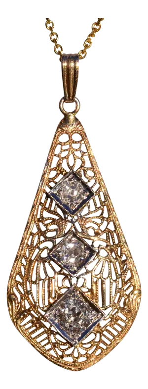 The Stony Brook: Antique Filigree Necklace in Yellow Gold with Diamonds