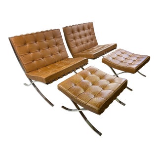 Mid-Century Cognac Leather Barcelona Chairs by Mies Van Der Rohe for Knoll - Set of 4 For Sale