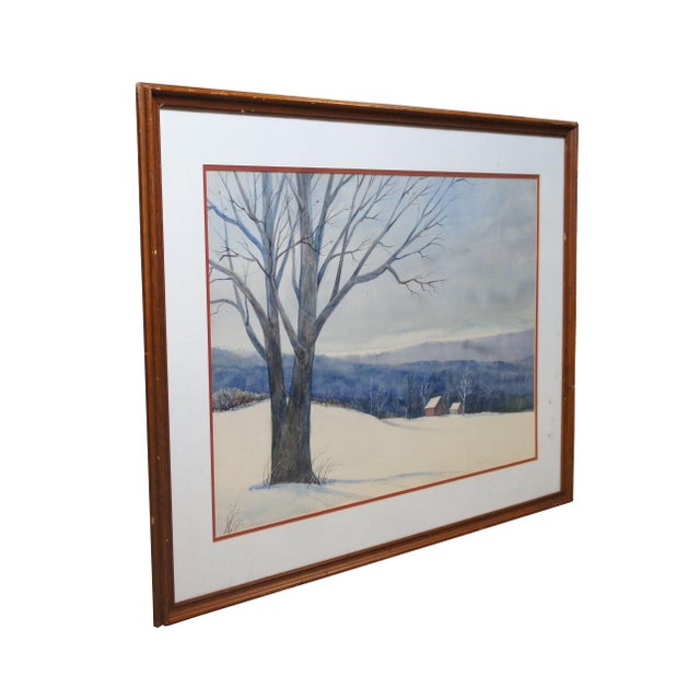 Late 20th century watercolor landscape painting by Mary Ellen Wilson. Depicts a snow covered winter landscape of gently...