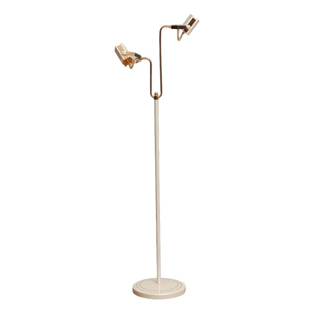 White-Pearl Lacquered Metal and Brass Halogen Floor Lamp, Italy, 1980s For Sale