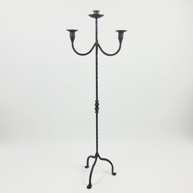 2020s Hand Forged Wrought Iron Floor Candelabra 48″ (123cm) 3-Arm Candle Holder Antique Copper or Gold Patina Choice Rustic Wedding Decor For Sale - Image 5 of 9