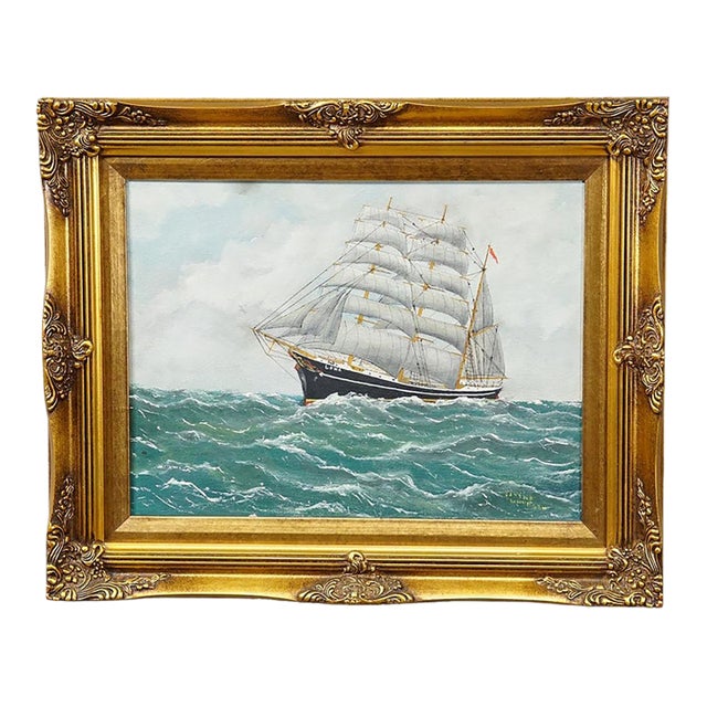 Vintage Marine Oil Painting - The Marstal Schooner 'Lone' by Ejvind Laursen, 1950s For Sale