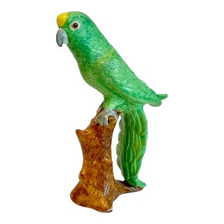 1970s Vintage Boho Chic Coastal Folk Art Ceramic Green Parrot Figurine. For Sale